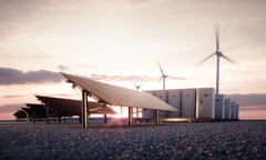 A 3D rendering of dark solar panels and wind turbines alongside a modular battery energy storage system