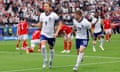 Harry Kane celebrates his goal against Denmark