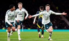 Conor Bradley (right) reacts after his first goal for Northern Ireland