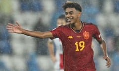 Lamine Yamal of Spain celebrates a historic seventh goal in Tbilisi. 