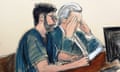 This courtroom sketch shows former pharmaceutical CEO Martin Shkreli, left, seated next to his lawyer Ben Brafman in federal court, Friday, March 9, 2018, in New York. "Pharma Bro" vilified for jacking up the price of a lifesaving drug, was sentenced to seven years in prison for defrauding investors in two failed hedge funds. (Elizabeth Williams via AP)