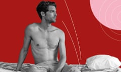 Sexual healing illustration composite showing an image of a young man (a model) sitting up in bed
