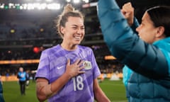 Mackenzie Arnold wears the purple shirt in a friendly against France in Melbourne last year.