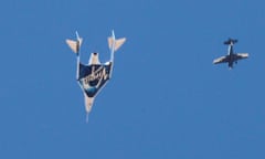 Virgin Galactic's passenger rocket plane VSS Unity, carrying Richard Branson and his crew, descends after reaching the edge of space above Spaceport America in New Mexico on 11 July 2021.