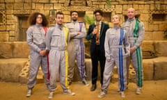 Fine family viewing ... Crystal Maze host Richard Ayoade with contesstants Laura Whitmore, Chris Ramsey, Perri Kiely, Jordan Banjo and Gareth Thomas.