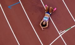 Katarina Johnson-Thompson lays on the track following the 800m