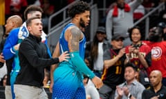 Miles Bridges is restrained after being ejected from Wednesday’s game against the Atlanta Hawks