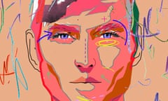 Illustration of a man's face covered in arrows and lines to mark planned cosmetic surgery tweaks