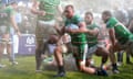 Tommy Reffell  celebrates scoring Leicester's first try.