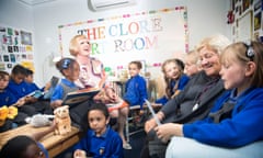 Grayson Perry and Dame Vivien Duffield meet children in the Clore Art Room, London.