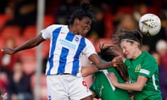Brighton’s Ini Umotong jumps highest during a 2-1 win over Yeovil in Sunday’s relegation battle.