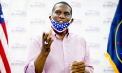 Burgess Owens, the Republican candidate for Utah’s 4th Congressional District seat, speaks during a campaign event held at Colonial Flag in Sandy, Utah, on Thursday, July 23, 2020. (Isaac Hale/The Daily Herald via AP)