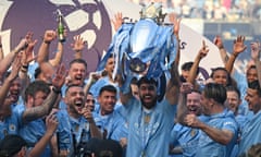 TOPSHOT-FBL-ENG-PR-MAN CITY-WEST HAM<br>TOPSHOT - Manchester City's Croatian defender #24 Josko Gvardiol poses with the Premier League trophy after the presentation ceremony following the English Premier League football match between Manchester City and West Ham United at the Etihad Stadium in Manchester, north west England, on May 19, 2024. Manchester City created English football history on Sunday, beating West Ham 3-1 to win an unprecedented fourth straight Premier League title. (Photo by Oli SCARFF / AFP) / RESTRICTED TO EDITORIAL USE. No use with unauthorized audio, video, data, fixture lists, club/league logos or 'live' services. Online in-match use limited to 120 images. An additional 40 images may be used in extra time. No video emulation. Social media in-match use limited to 120 images. An additional 40 images may be used in extra time. No use in betting publications, games or single club/league/player publications. / (Photo by OLI SCARFF/AFP via Getty Images)