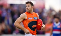 Toby Greene of the GWS Giants sizes up a goal in his match-winning AFL spin against the Western Bulldogs in Ballarat.