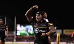 Brian To’o of the Panthers celebrates a try during the NRL Round 3 match against the Brisbane Broncos