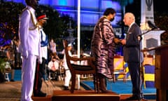 Prince Charles receives the Order of Freedom of Barbados from the country’s president, Dame Sandra Mason, during the ceremony to declare Barbados a Republic on 30 November.