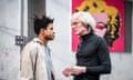 Jeremy Pope as Jean-Michel Basquiat and Paul Bettany as Andy Warhol in The Collaboration.