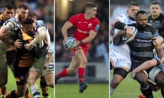 Wasps’ Lima Sopoaga is tackled by Bath’s Max Wright; Saracens’ Owen Farrell ; Vereniki Goneva, the Newcastle winger, is held up by Gloucester captain Ed Slater.