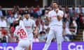 Jimmy Anderson celebrates after taking the wicket of Alick Athanaze.