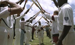 Brian Lara’s West Indies teammates form a guard of honour after his 375 against England at Antigua in 1994.