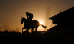 A runner and rider silhouetted against the sun as they go to post at Cheltenham last weekend.