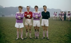 Four footballers in lilac, red and green kits seen against an overcast skyCourtesy Galerie m, Bochum, Germany
