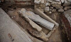 A 14th-century lead sarcophagus discovered in the floor of Notre Dame Cathedral in Paris.