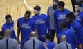 Members of the New York Knicks wear shirts supporting Black History Month before an NBA basketball game against the Orlando Magic, Wednesday, Feb. 17, 2021.