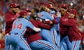 The Philadelphia Phillies celebrate after beating the Atlanta Braves 3-1 in Game 4 of the NLDS at Citizens Bank Park on Thursday night.