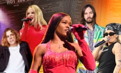A composite of The Kid Laroi (far left), Kylie Minogue (left), Azealia Banks (middle), Kevin Parker of Tame Impala (right) and G-flip (far right)