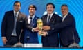 Left to right: Paraguay FA president Robert Harrison, Fifa delegate Ignacio Alonso, and Conmebol president Alejandro Domínguez and vice-president Claudio Tapia with the World Cup at a ceremony in Luque, Paraguay.