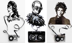 Portraits of Loretta Lynn, Elton John and Bruce Springsteen made from magnetic tape by artist Amy Corson.