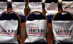 Leave.EU campaign bags are placed on seats before the start of a news conference.