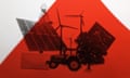 Composite of solar panels, wind turbines, radiator, tractor and tree