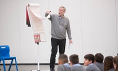  Michael Rosen teaching a workshop with Year 3 students at Trumpington Community College.