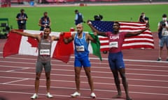 The Tokyo Olympic men’s 100m medallists: Andre De Grasse, Marcell Jacobs and Fred Kerley.