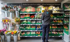 A woman stocks a display of fruit and vegetables and fruit in a  supermarket