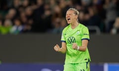 Alexandra Popp reacts after the final whistle as Wolfsburg progress to the semi-final.