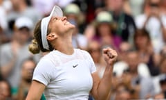 Simona Halep celebrates winning her quarter-final match against Amanda Anisimova.