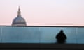 A homeless man sitting on Millenium Bridge, St. Paul's Cathedral dome in the background, London, England, UK. Image shot 2007. Exact date unknown.<br>B8GRG0 A homeless man sitting on Millenium Bridge, St. Paul's Cathedral dome in the background, London, England, UK. Image shot 2007. Exact date unknown.