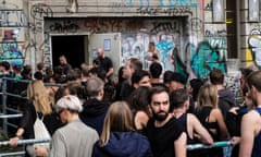 Clubbers queuing outside infamous Berghain nightclub on a Sunday afternoon in Berlin Germany<br>E6BCWH Clubbers queuing outside infamous Berghain nightclub on a Sunday afternoon in Berlin Germany