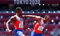 Ronnie Baker and Fred Kerley (left) make a mess of the baton handover.