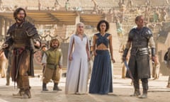 Michiel Huisman, Peter Dinklage, Emilia Clarke, Nathalie Emmanuel, Iain Glen<br>This photo provided by courtesy of HBO shows, Michiel Huisman, from left, Peter Dinklage, Emilia Clarke, Nathalie Emmanuel, and Iain Glen, in a scene from "Game of Thrones," season 5.  The HBO television series panel for "Game of Thrones" is scheduled for Friday, July 10, 2015, during the 2015 Comic-Con International held at the San Diego Convention Center. (Nick Wall/HBO via AP)