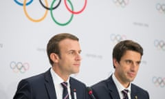 Emmanuel Macron Presents Paris As Candidate City For Olympic Games 2024<br>(170711) -- LAUSANNE, July 11, 2017 (Xinhua) -- French President Emmanuel Macron (L) and Paris 2024 Olympic bid co-president Tony Estanguet hold a press conference after the presentation of the Paris 2024 Candidate City Briefing for International Olympic Committee (IOC) members at the SwissTech Convention Centre, in Lausanne, Switzerland, July 11, 2017. (Xinhua/Xu Jinquan)PHOTOGRAPH BY Xinhua / Barcroft Images

London-T:+44 207 033 1031 E:hello@barcroftmedia.com -
New York-T:+1 212 796 2458 E:hello@barcroftusa.com -
New Delhi-T:+91 11 4053 2429 E:hello@barcroftindia.com www.barcroftimages.com