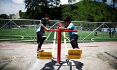 Children play at a new sports complex at La Campanera neighborhood in Soyapango, El Salvador May 22, 2018. REUTERS /Jose Cabezas