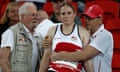England’s Sophie Hitchon is consoled after three no-throws put her out of the women’s hammer competition.