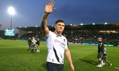 Owen Farrell waves to the crowd after his final game for Saracens