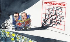 Cartoon of Mark Carney and Mario Draghi reading horror stories, their shadows casting alarming shadows on an interest rate chart.