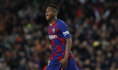 Barcelona’s Ansu Fati celebrates after scoring the opening goal of the match.