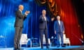 Joe Biden,Barack Obama,Bill Clinton<br>President Joe Biden, center, and former presidents Barack Obama and Bill Clinton participate in a fundraising event with Stephen Colbert at Radio City Music Hall, Thursday, March 28, 2024, in New York. (AP Photo/Alex Brandon)